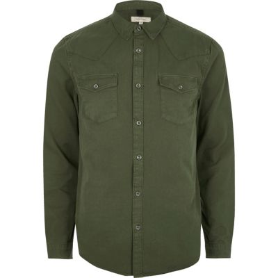 Khaki green twill casual western shirt